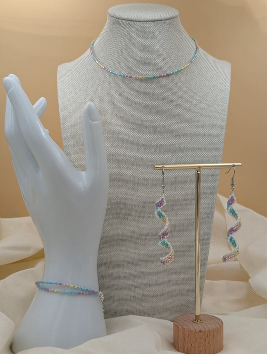 Parure artisanale Gaïa : Collier ou bracelet double et boucles d'oreilles, en perles Miyuki
